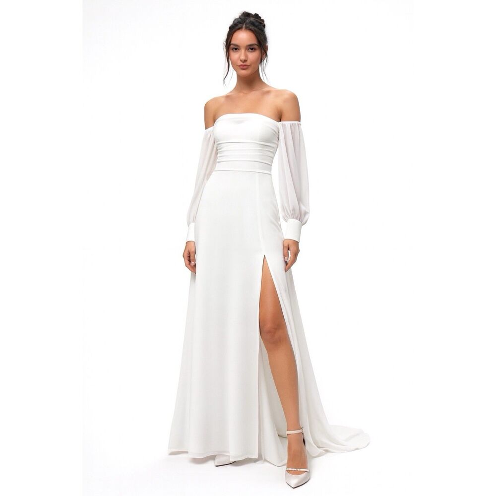 Lulus Adorna Dress Women's M White Maxi Wedding Off the Shoulder Side Slit NWOT
